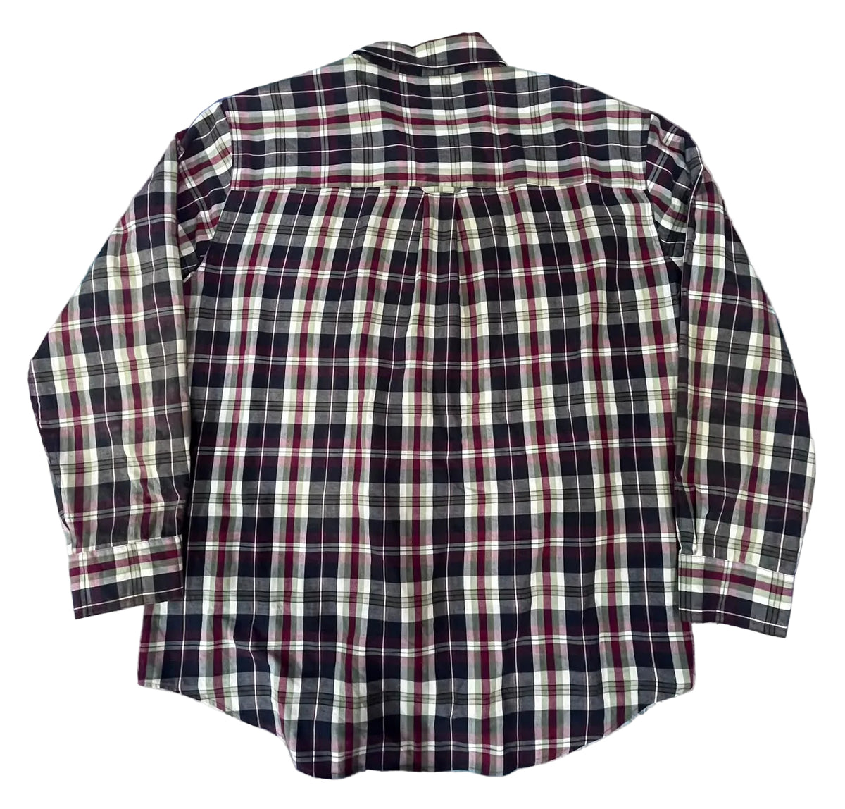 A long-sleeve plaid button-up shirt. The shirt features a classic plaid pattern with black, white, and red stripes.