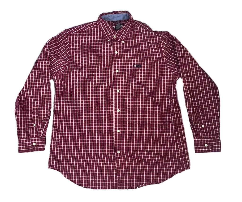 A long-sleeve button-down shirt with a red and white checkered pattern, 