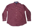 A long-sleeve button-down shirt with a red and white checkered pattern, 