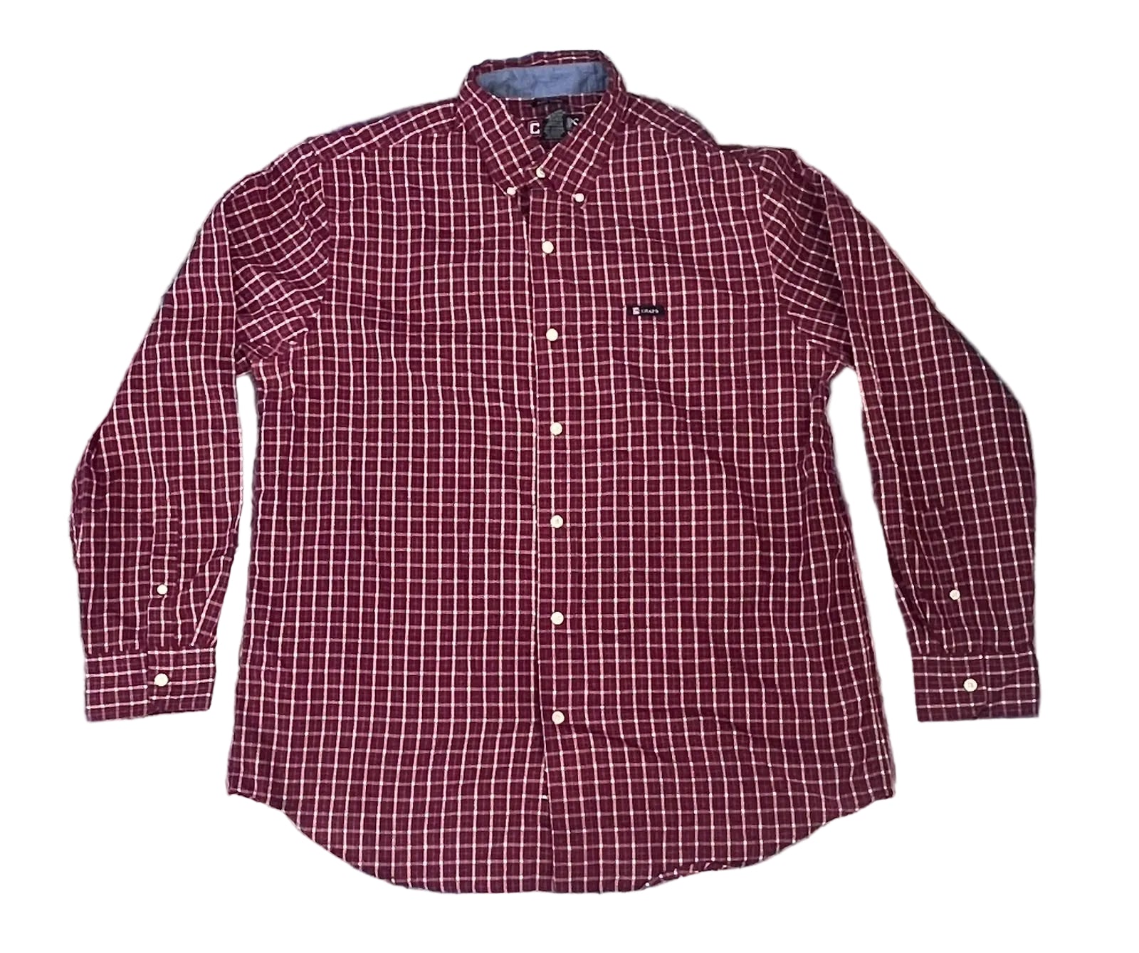 A long-sleeve button-down shirt with a red and white checkered pattern, 