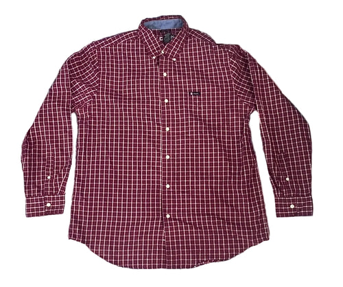 A long-sleeve button-down shirt with a red and white checkered pattern, 
