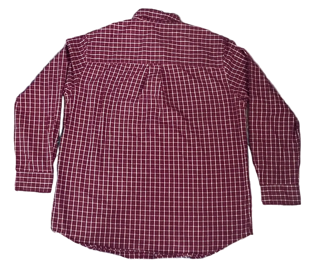 A long-sleeve button-up shirt with a red and white grid pattern,