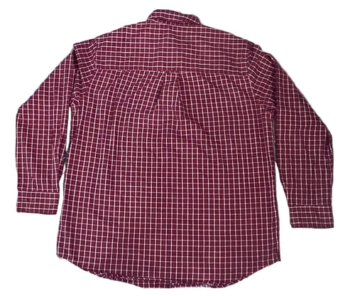 A long-sleeve button-up shirt with a red and white grid pattern,