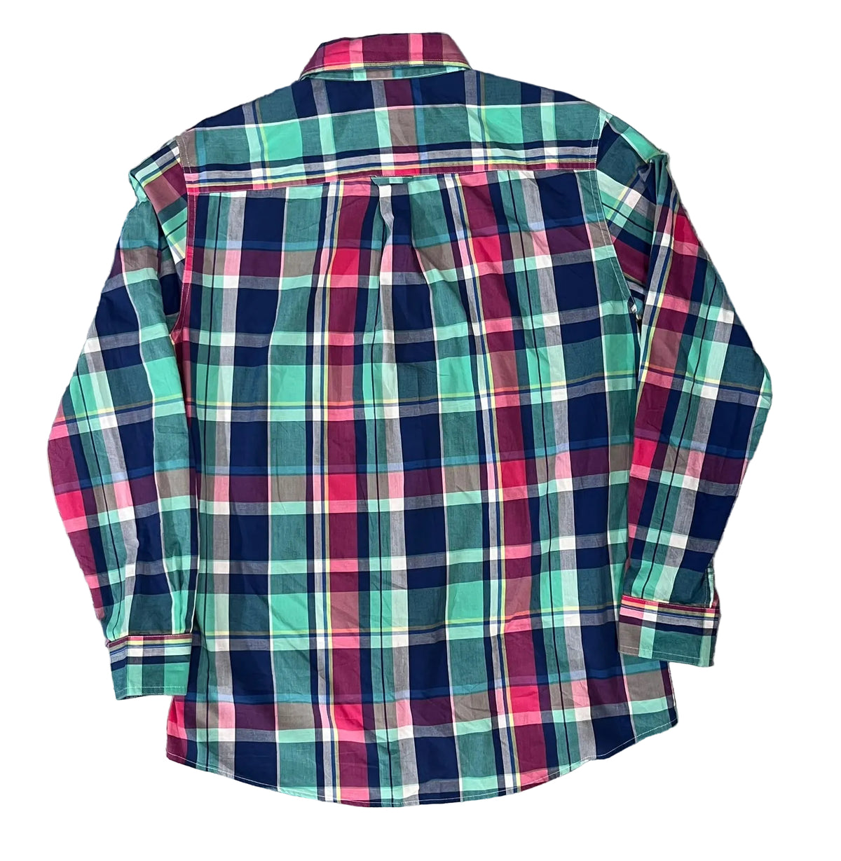 A long-sleeve plaid button-up shirt . The shirt features a multicolor tartan pattern with navy, teal, pink, white, and green stripes.