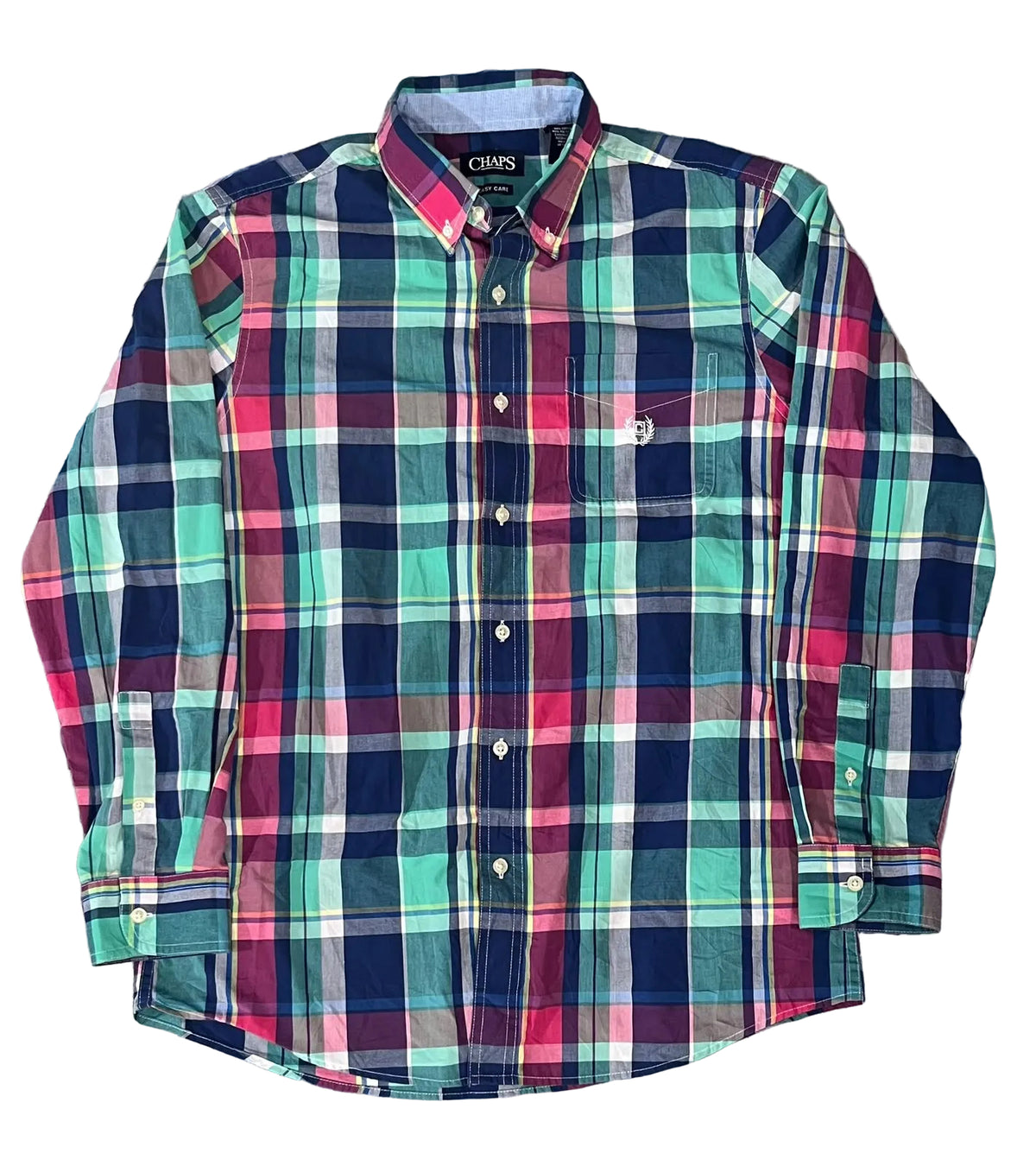 A long-sleeve button-down plaid shirt by CHMS, featuring a vibrant pattern of teal green, navy blue, magenta pink, and white. 