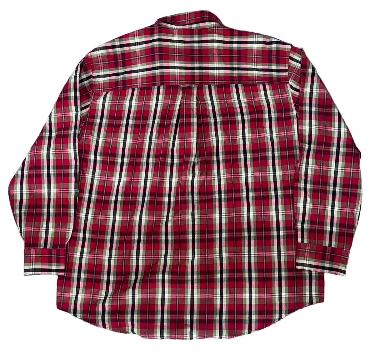 A red, black, and white plaid long-sleeve button-up shirt