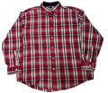 A red, black, and white plaid long-sleeve button-down shirt A small black label is visible on the left chest.