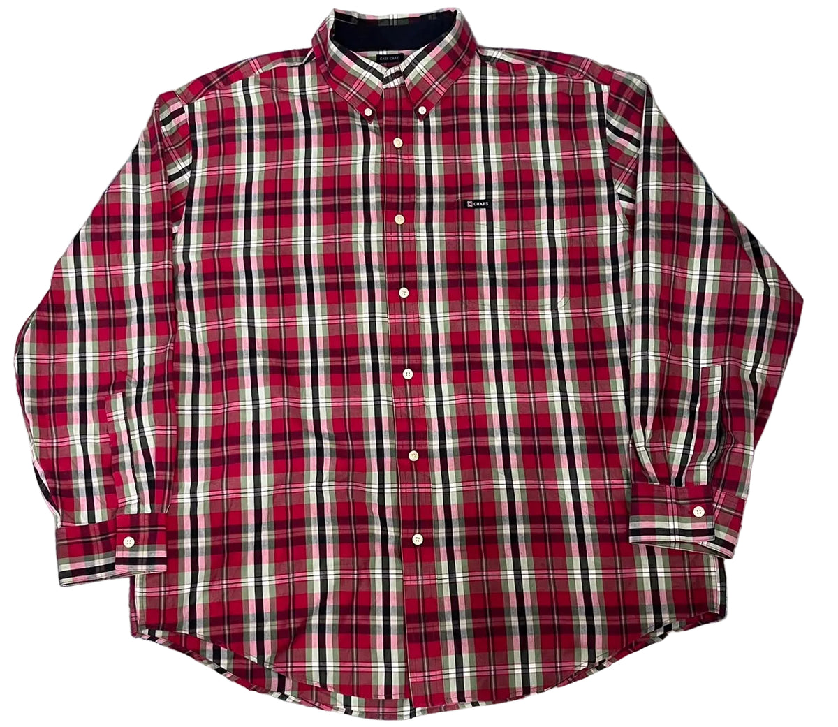 A red, black, and white plaid long-sleeve button-down shirt A small black label is visible on the left chest.