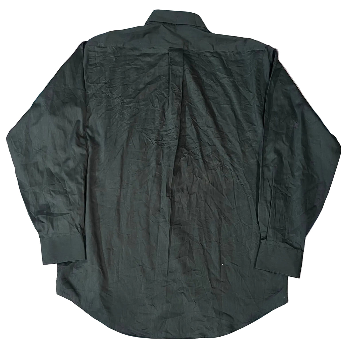 A black long-sleeve button-down shirt. The shirt is shown from the back, with a visible center seam and collar.