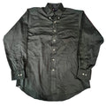 A black long-sleeve button-down shirt The shirt has a pointed collar, matching button-down front, and button cuffs.