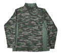 A long-sleeve quarter-zip pullover jacket with a green and gray camouflage pattern,. The Columbia brand logo is visible on the left chest.