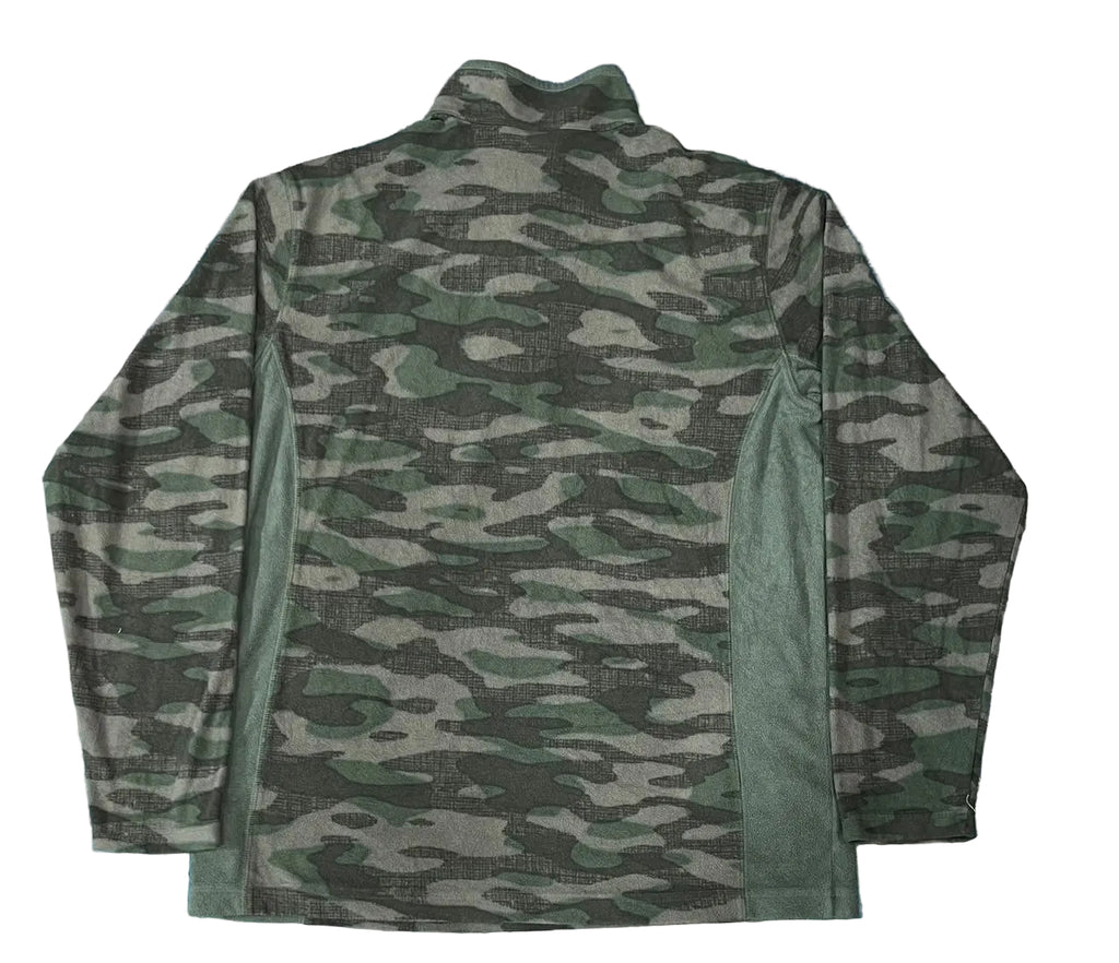 A long-sleeve camouflage jacket with a high mock neck collar, 