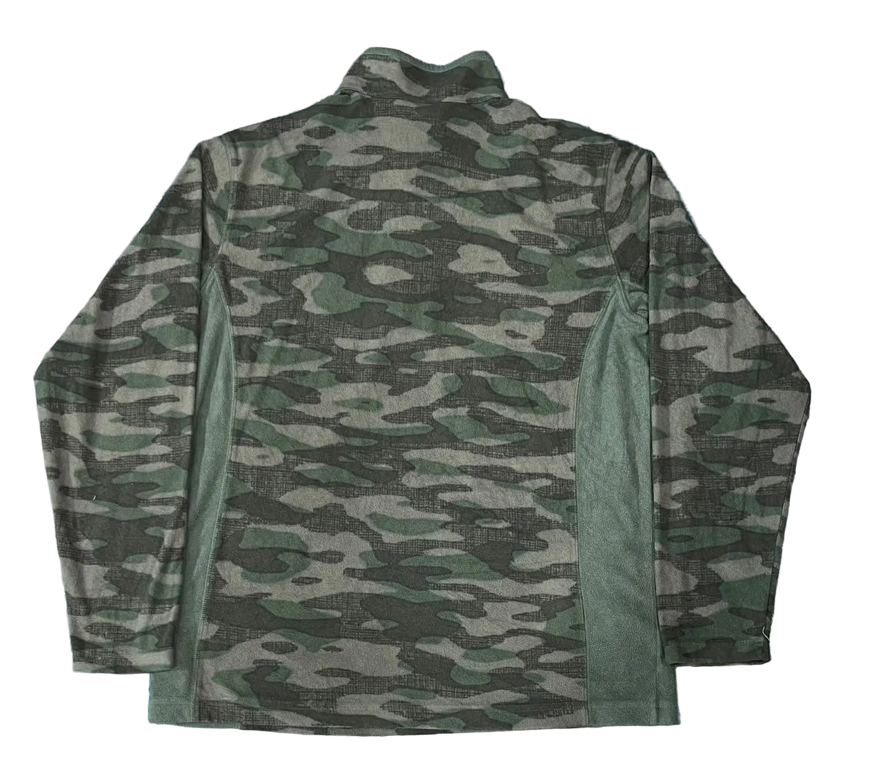 A long-sleeve camouflage jacket with a high mock neck collar, 