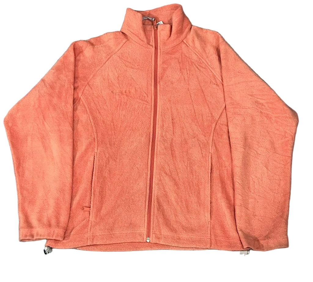 A coral pink fleece zip-up jacket ON WHITE BACKGROUND