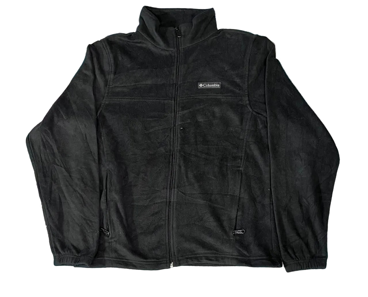 A black Columbia fleece jacket ON THE WHITE BACKGROUND