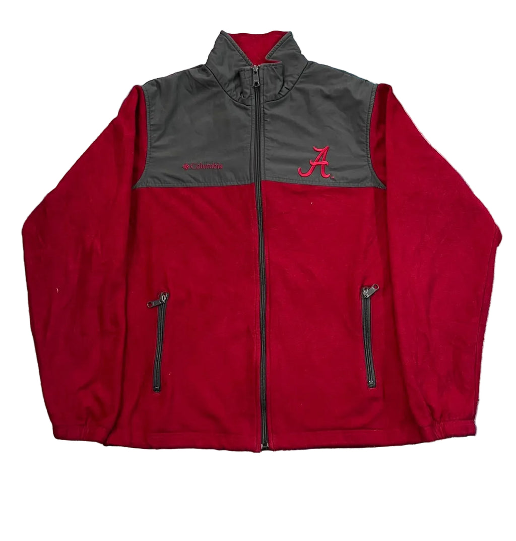 A red and gray zip-up jacket with the Alabama Crimson Tide logo on the left chest,