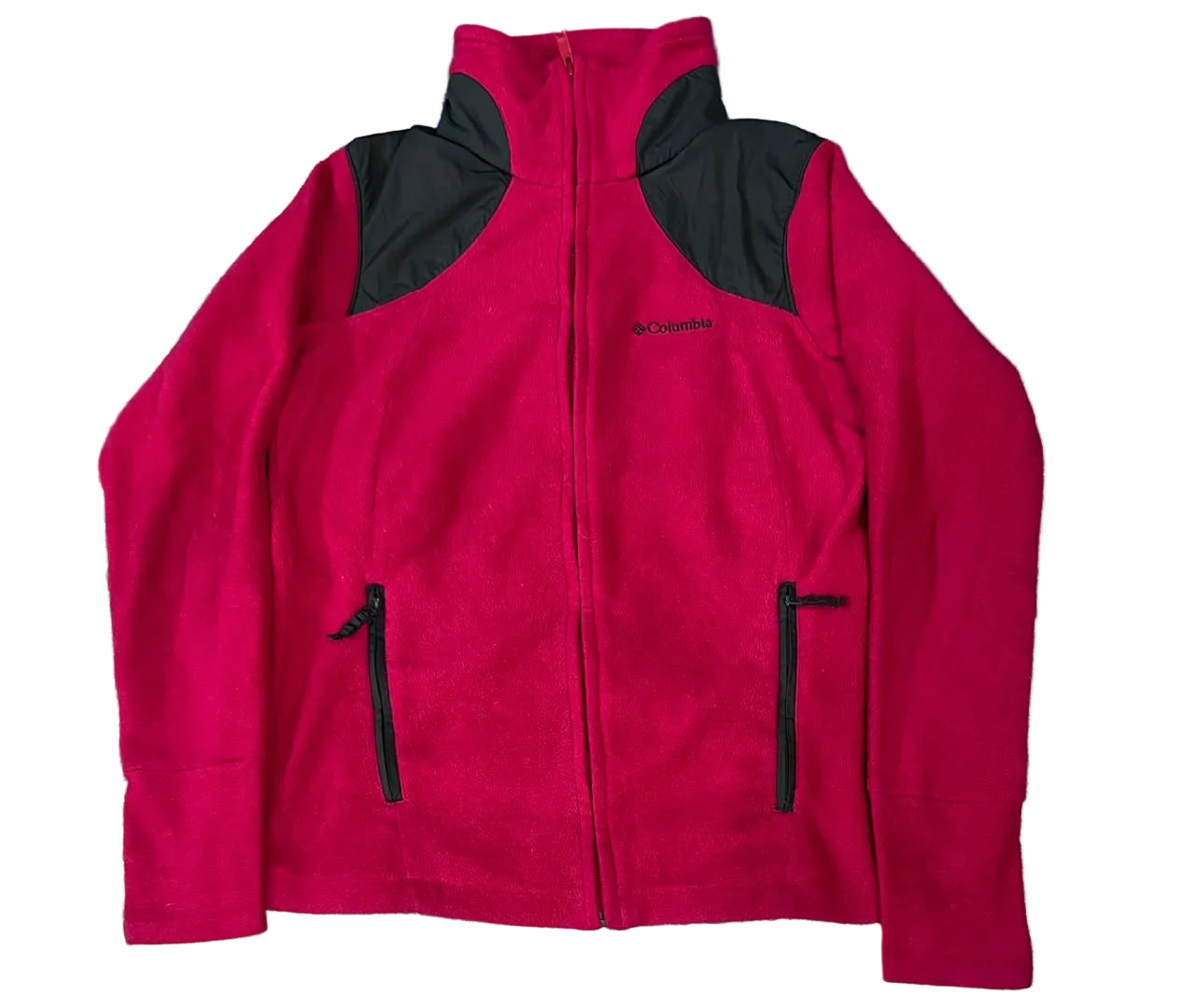 A red and black Columbia zip-up fleece jacket. The jacket features a high collar, black shoulder yokes, and two vertical zippered pockets on the front.