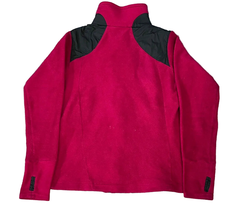 A red fleece jacket with black shoulder panels and black cuff tabs, 