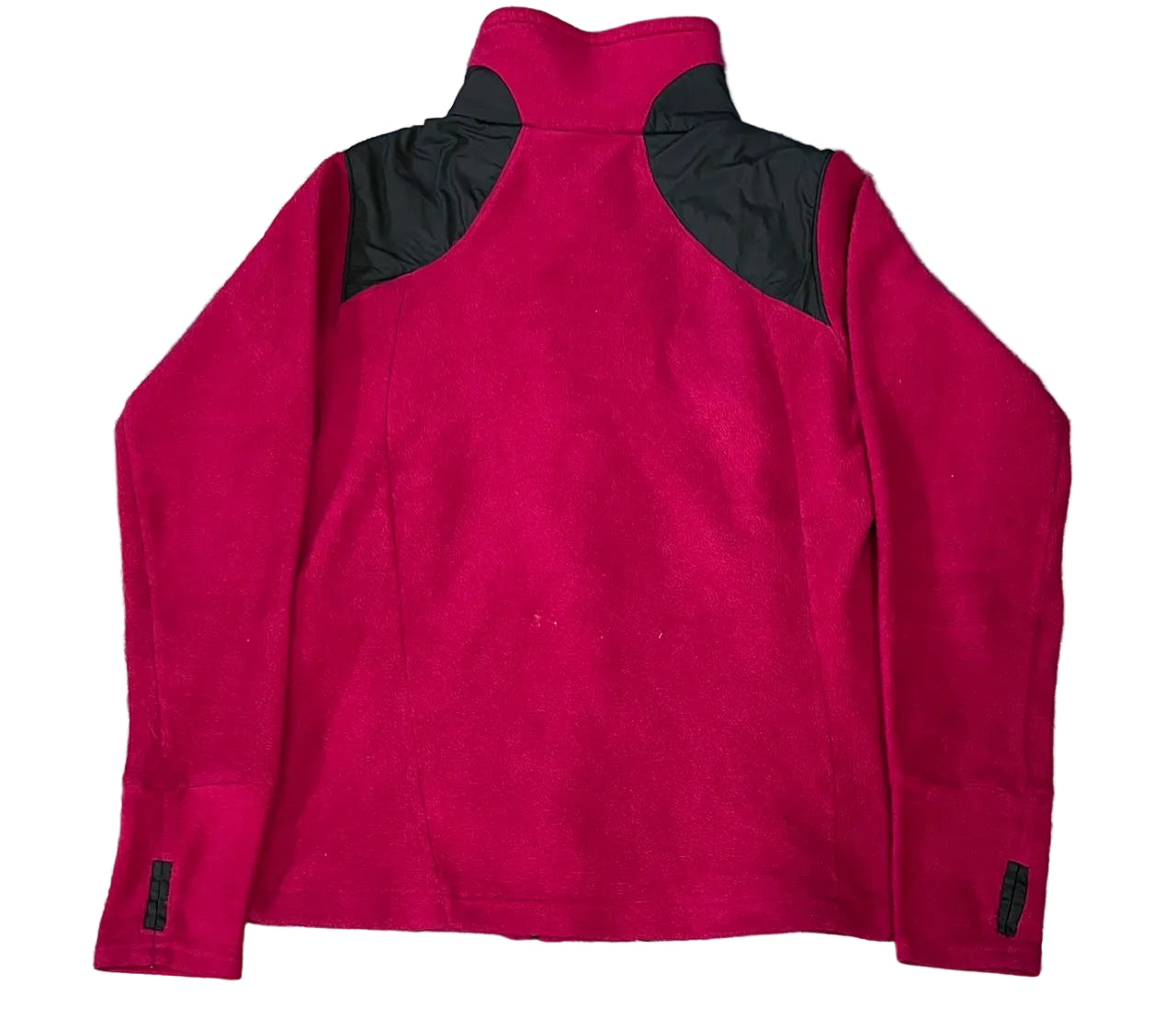 A red fleece jacket with black shoulder panels and black cuff tabs, 