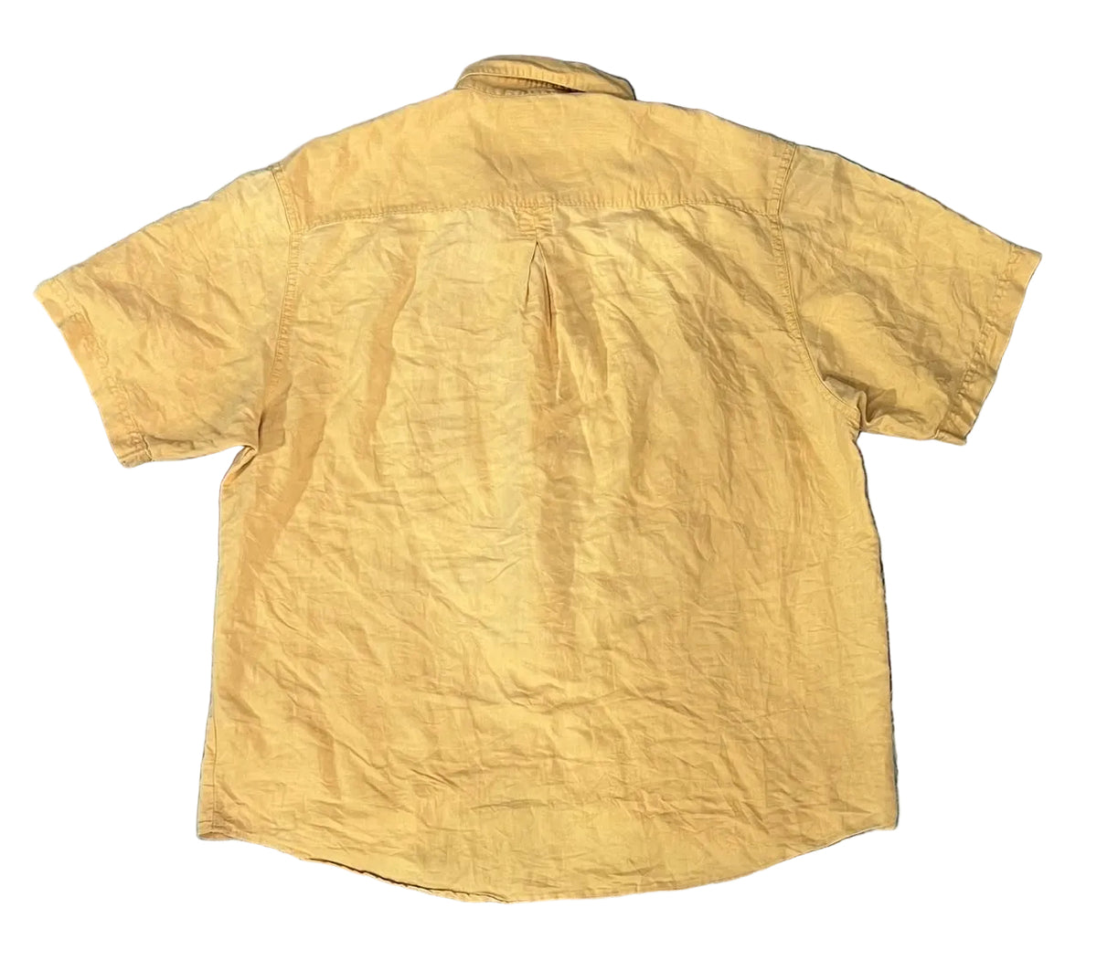 A yellow short-sleeve button-up shirt , showing the back side of the garment.