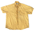 A yellow short-sleeve button-up shirt . The shirt has a chest pocket and a small vertical blue tag on the pocket.