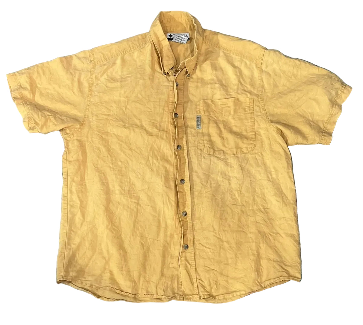 A yellow short-sleeve button-up shirt . The shirt has a chest pocket and a small vertical blue tag on the pocket.