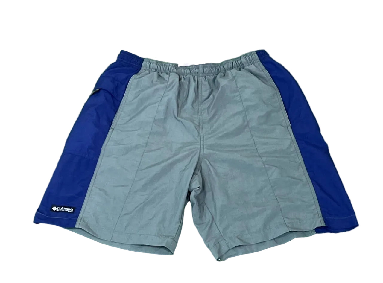 A pair of Columbia athletic shorts in gray and royal blue