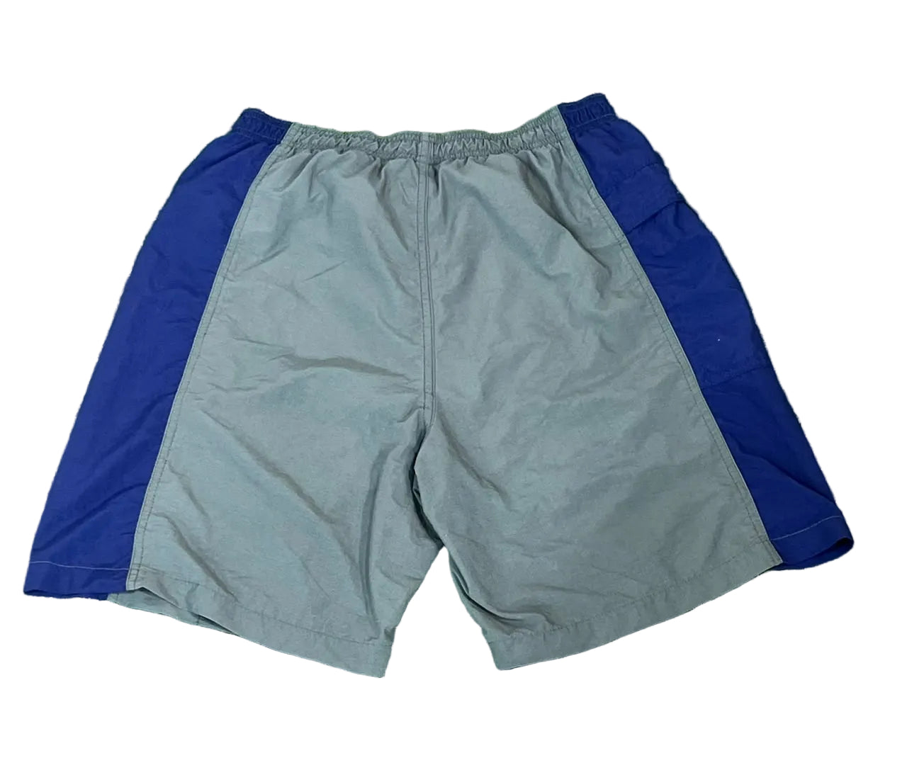 Gray athletic shorts with royal blue side panels
