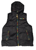 A black hooded puffer vest with a colorful rainbow zipper and a Google logo on the chest