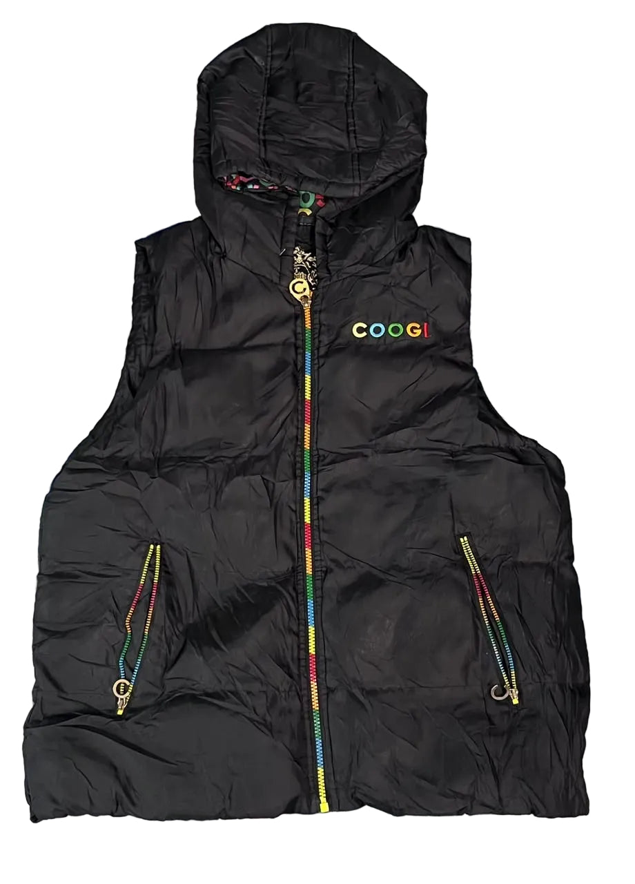 A black hooded puffer vest with a colorful rainbow zipper and a Google logo on the chest