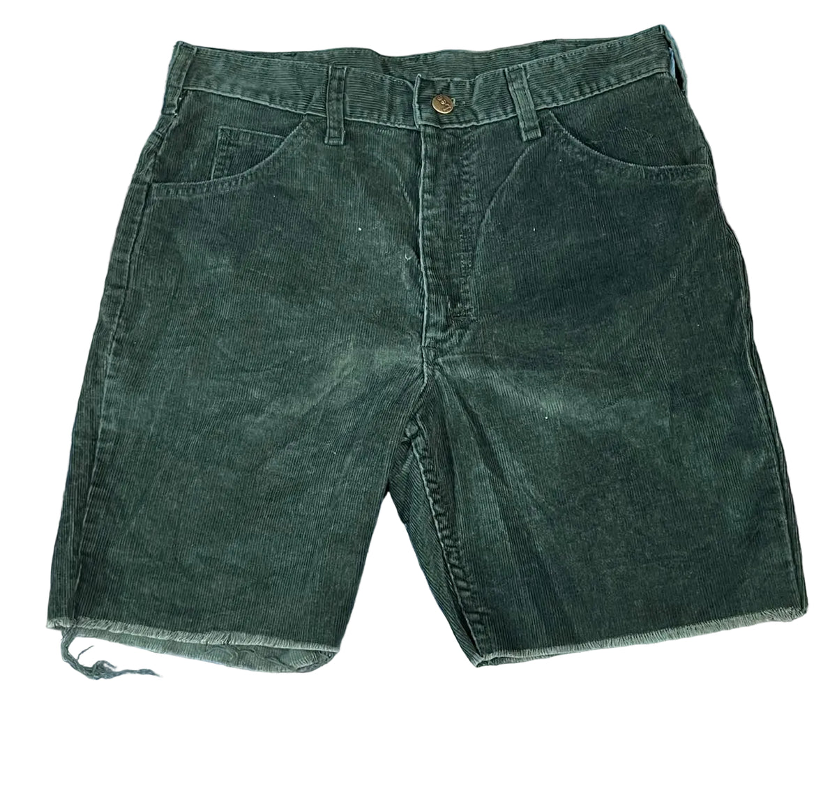 A pair of faded black denim shortsThe shorts feature a classic five-pocket design, belt loops, and a button closure.