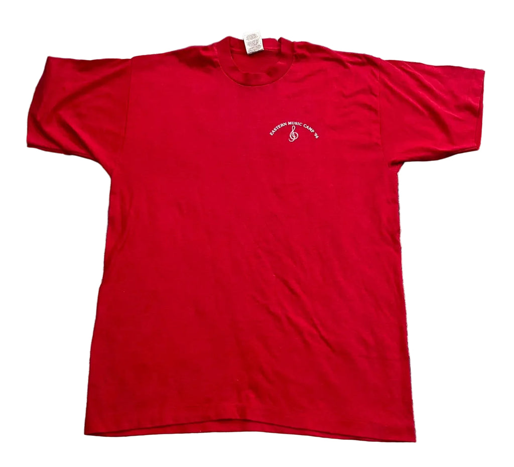 A red short-sleeve t-shirt with a small white embroidered logo on the left chest, 