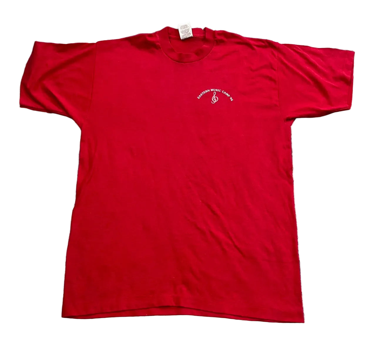 A red short-sleeve t-shirt with a small white embroidered logo on the left chest, 