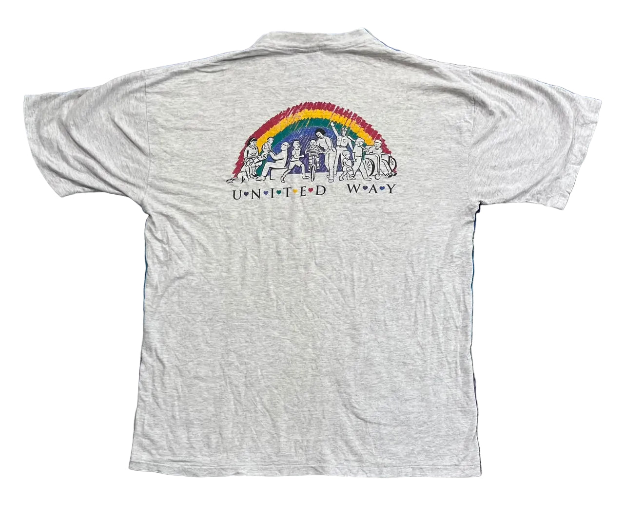 A light gray heather short-sleeve t-shirt The back of the shirt features a colorful graphic of a rainbow with figures and the text 'UNUNITED WOARY'.