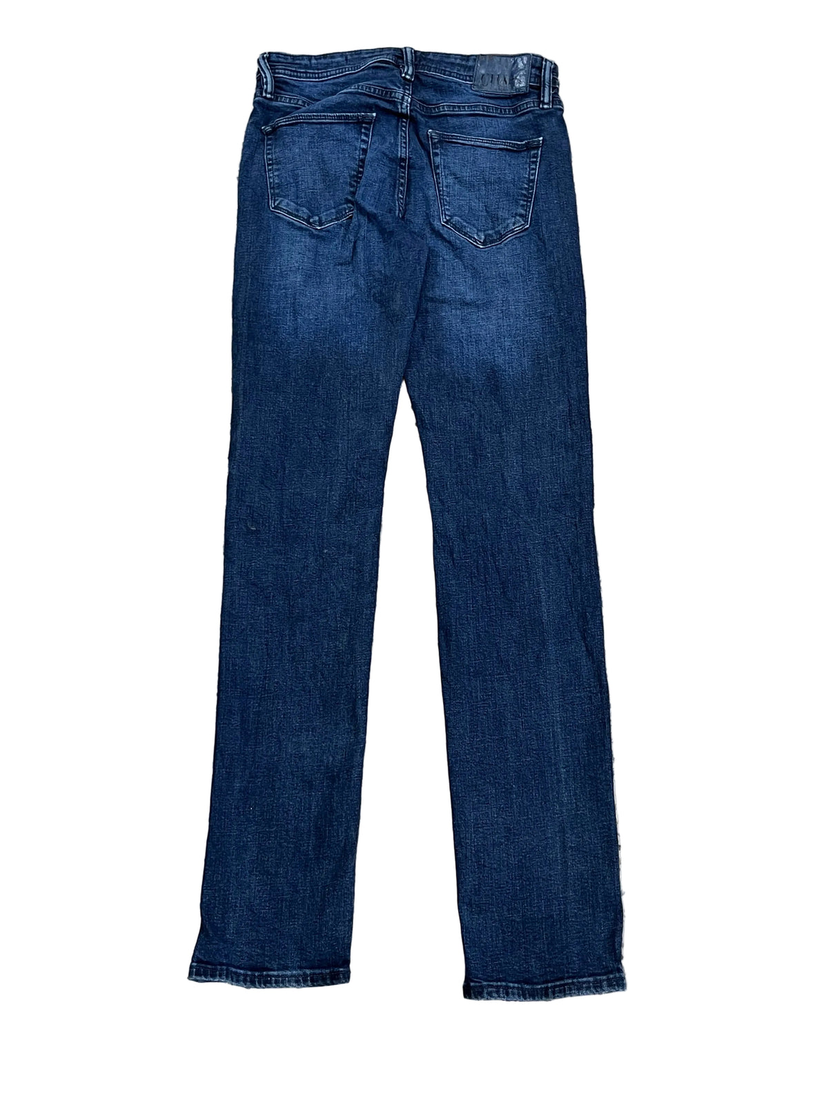 A pair of dark blue denim jeans showing the back pockets and waistband.