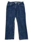 A pair of dark blue denim jeans 