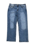A pair of medium-wash blue denim jeans 