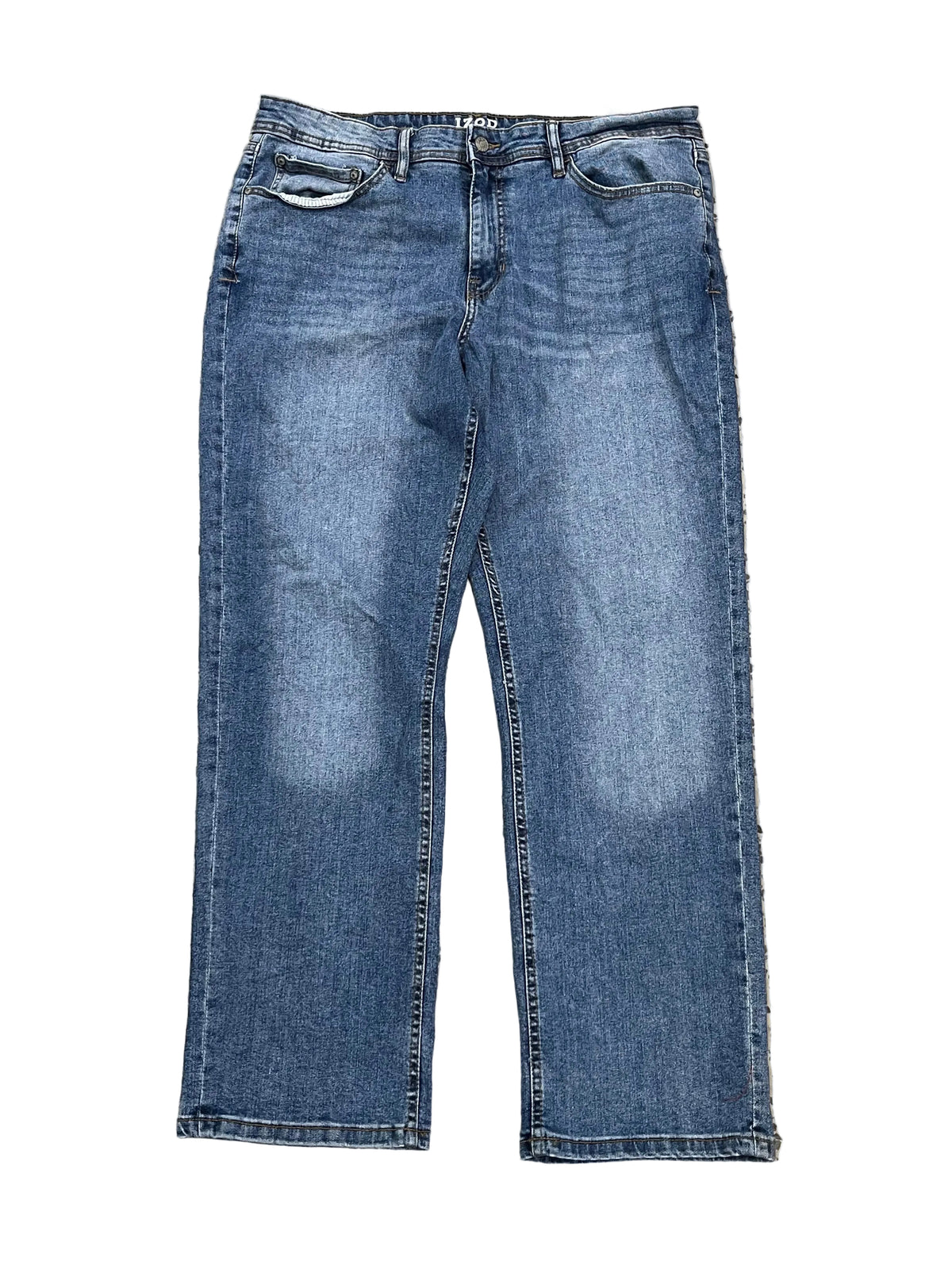 A pair of medium-wash blue denim jeans 