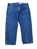 A pair of blue denim jeans ON THE WHITE BACKGROUND