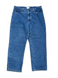 A pair of blue denim jeans ON THE WHITE BACKGROUND