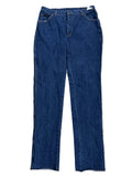 A pair of dark blue denim jeans, showing the front view with belt loops, waistband, and front pockets.