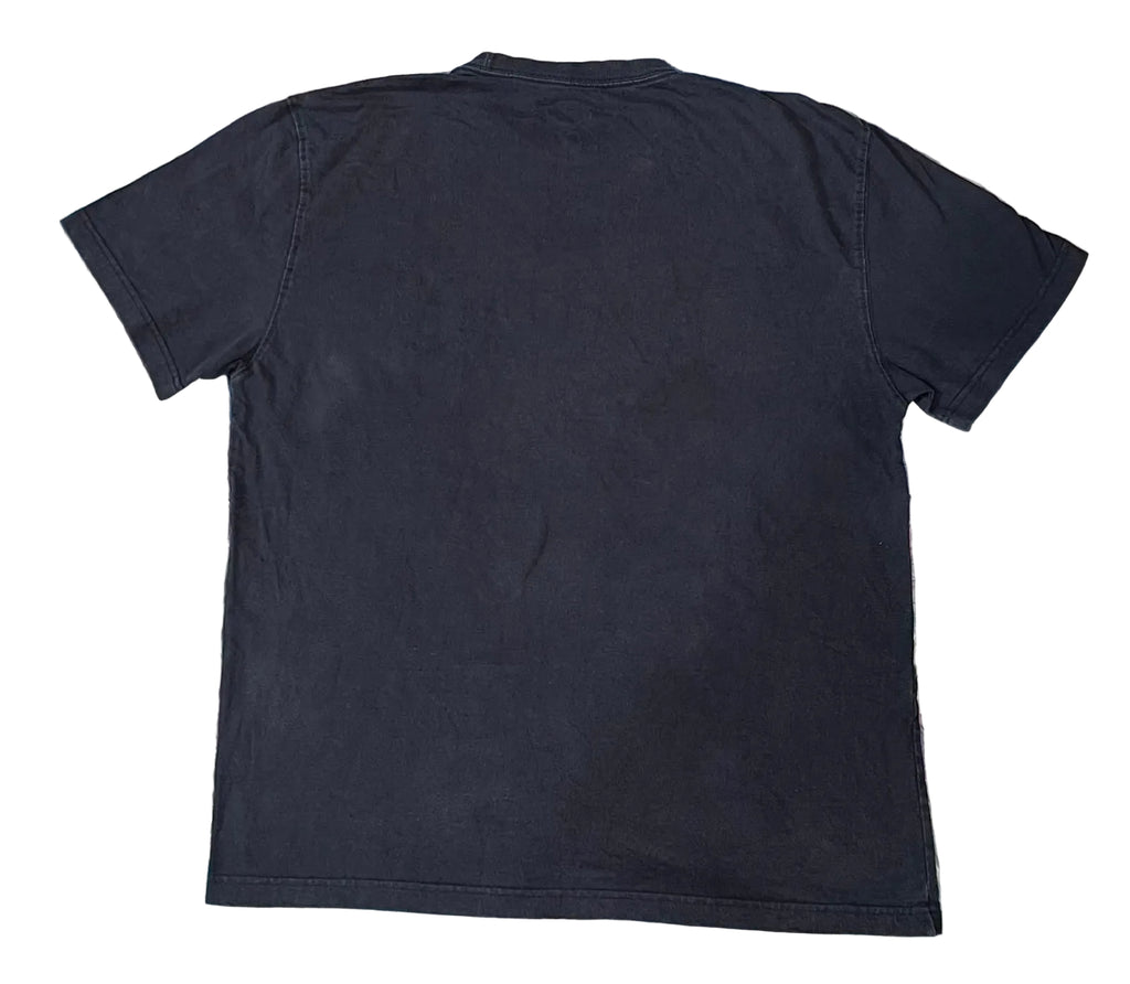 A black short-sleeve t-shirt on a white plain background