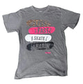 A dark gray graphic t-shirt featuring stacked skateboards in brown, pink, white, and black with the words 'SKATE FAST HARD' printed on them