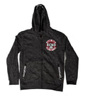 A dark heather gray zip-up hoodie with a red, white, and black circular 'Ecko Unltd' graphic on the left chest,