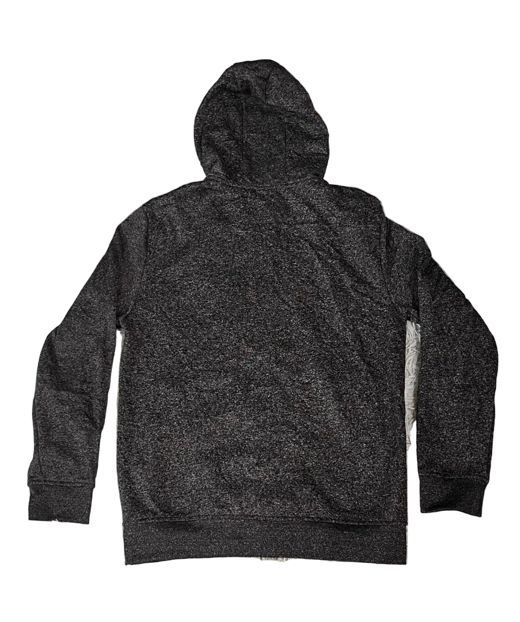 A dark gray heathered zip-up hoodie with a hood and long sleeves
