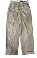 A pair of beige cropped trousers with a crinkled texture, ON THE WHITE BACKGROUND
