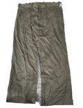 A pair of brown wide-leg trousers showing a wrinkled texture and a small red and white brand tag near the waistband.