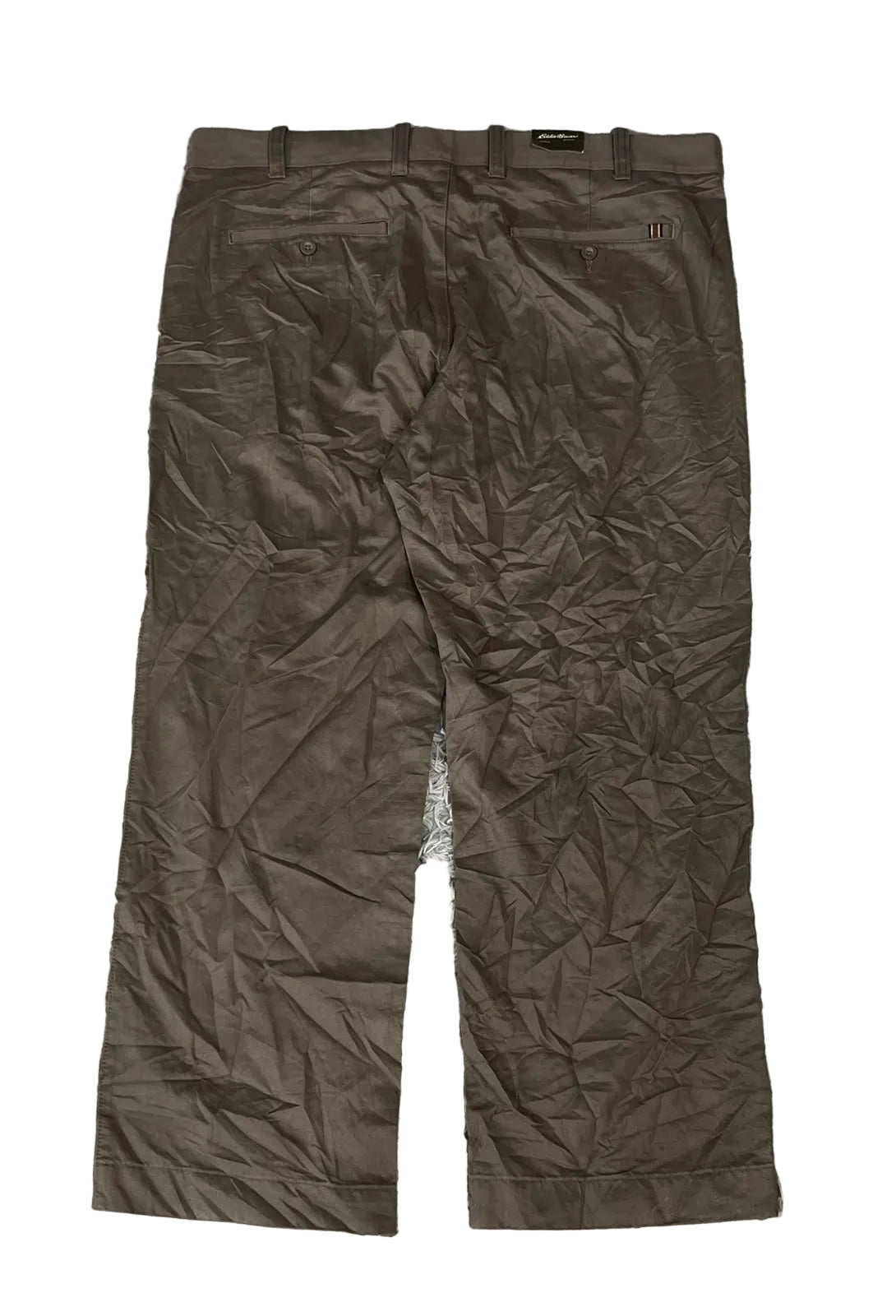 A pair of brown trousers showing the back waistband, belt loops, and back pockets.