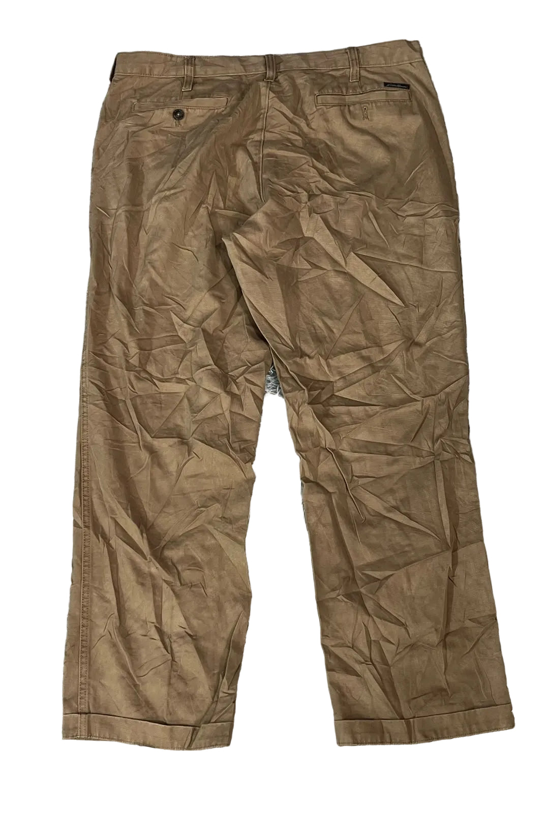 A pair of brown chino-style pants on the white background