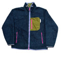 A dark navy fleece jacket with a large olive green chest pocket, bright pink zippers, and gray trim,
